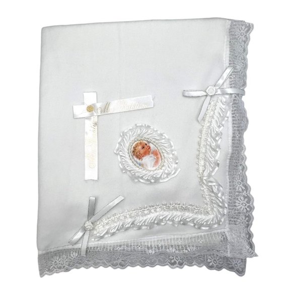 My Baptism Blanket White Christening Blanket Cotton/Fleece With Lace Trim - Picture 3 of 8